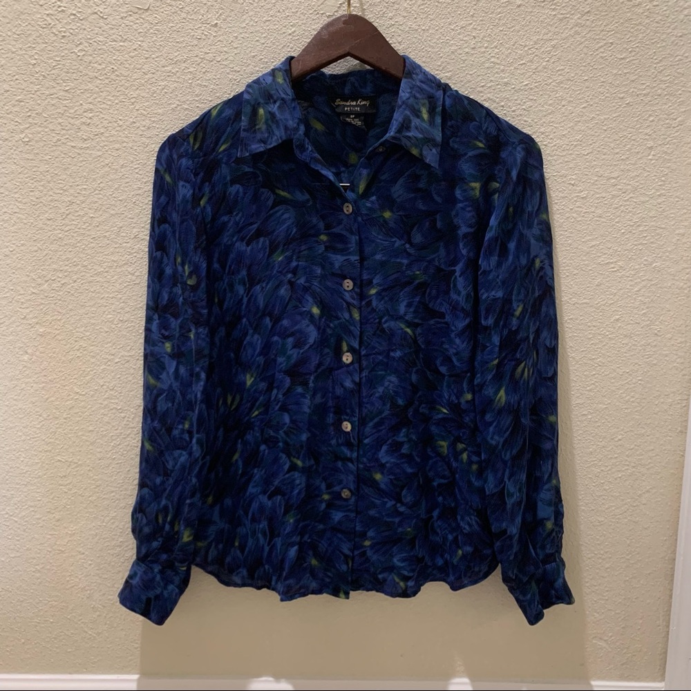 Sandra King Blue Floral Top 100% Silk